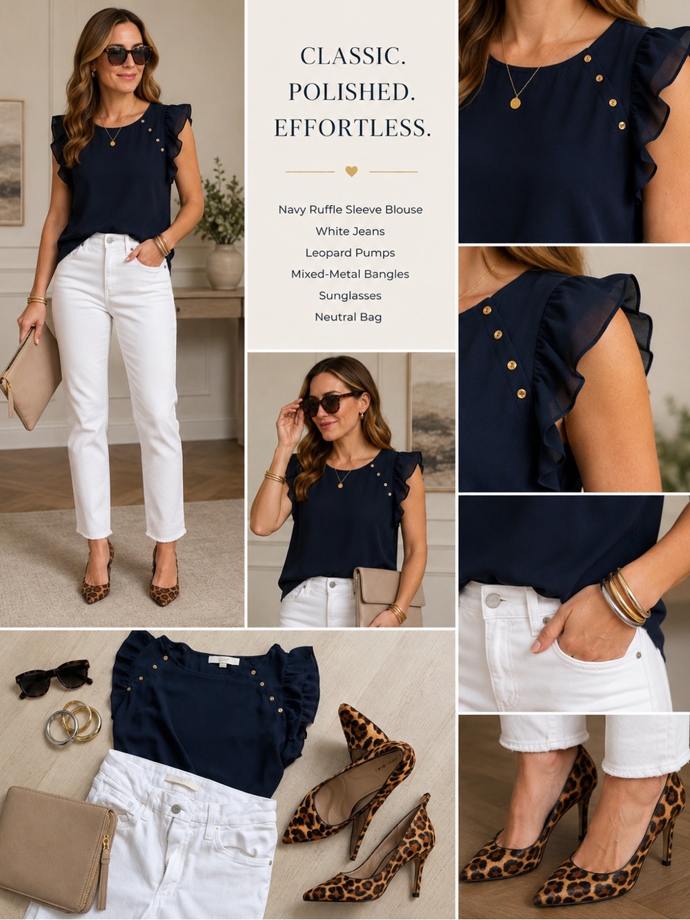 LOFT Navy Ruffle Sleeve Blouse with Gold Button Detail